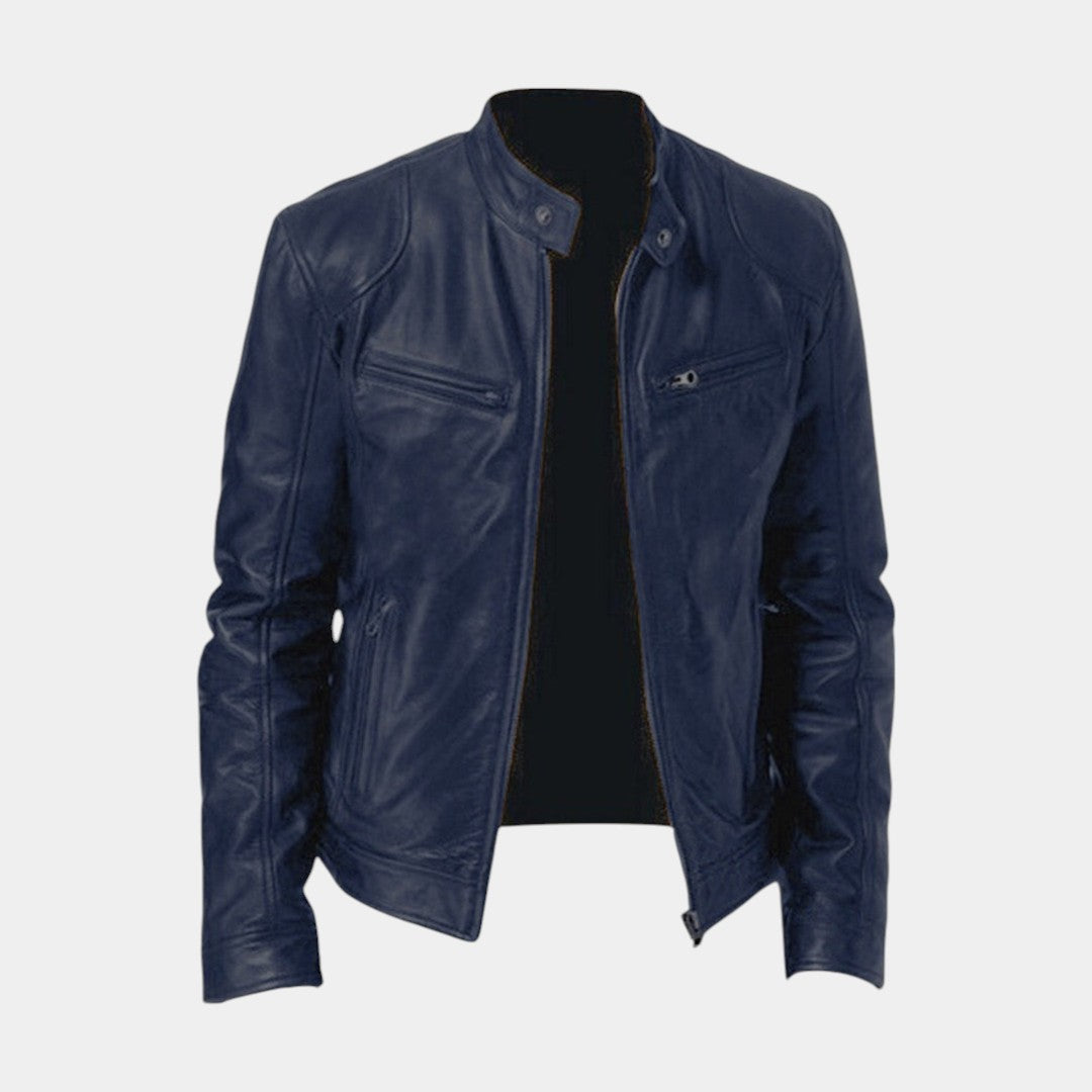 Stijlvolle heren tussenjas van PU-leer in zwart, auburn, camel of marine blauw, geschikt voor casual en formele outfits.