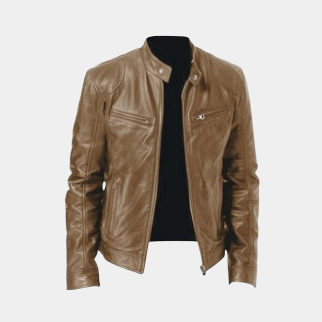 Stijlvolle heren tussenjas van PU-leer in zwart, auburn, camel of marine blauw, geschikt voor casual en formele outfits.