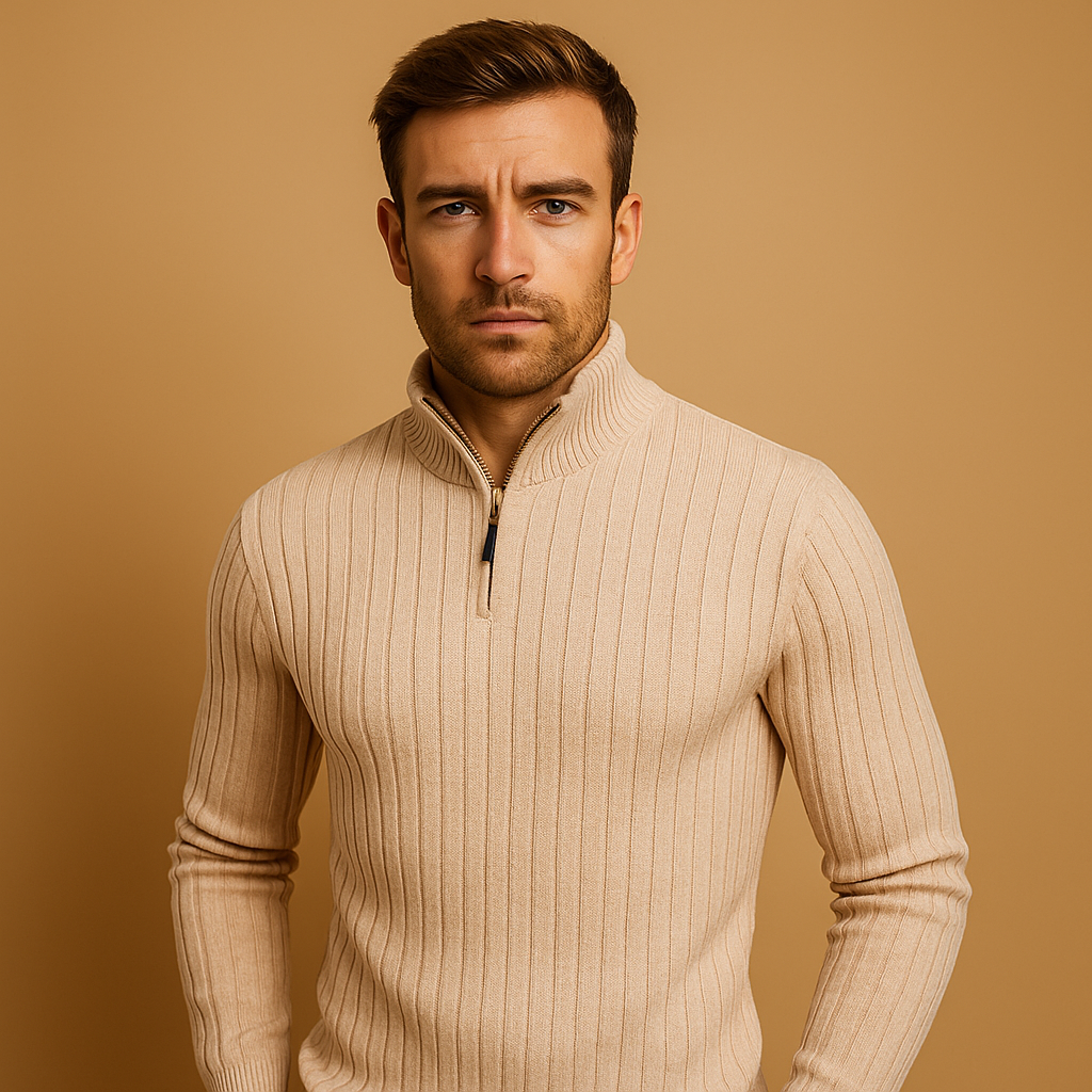 Heren sweater met half-zip en ribgebreide mouwen in lichtgrijs, comfortabele pasvorm en stijlvol design. Ideaal voor casual en smart-casual outfits.