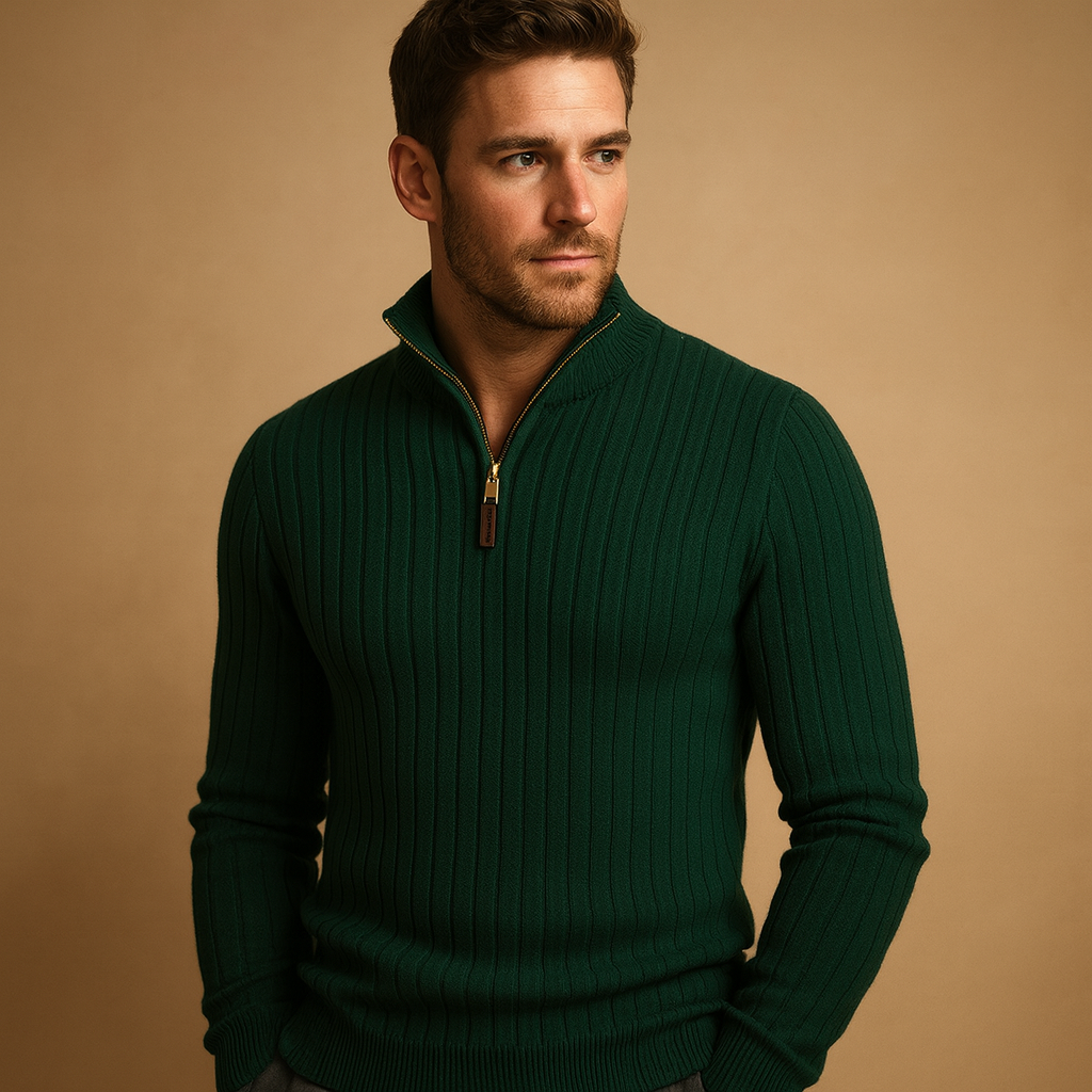 Heren sweater met half-zip en ribgebreide mouwen in lichtgrijs, comfortabele pasvorm en stijlvol design. Ideaal voor casual en smart-casual outfits.