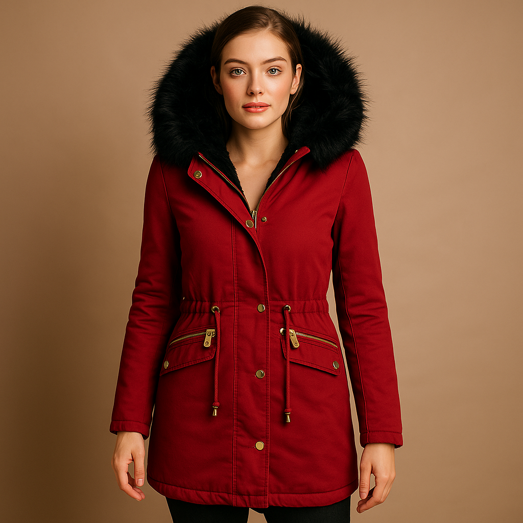 Thermo winterjas voor dames met imitatiebont capuchon, verstelbaar koord en rits-knoopsluiting. Ideaal voor koude dagen, buitenactiviteiten en casual looks.