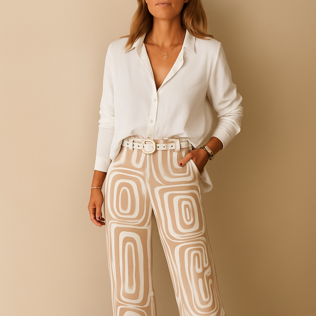 Dames set met lange mouwen blouse en broek in elegante stijl, ideaal voor dagelijks gebruik of formele gelegenheden