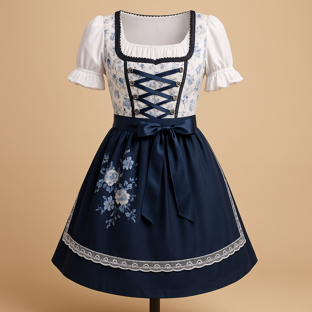 Oktoberfest-jurk voor dames in blauw met kanten details en klassiek schort, perfect voor traditionele feestgelegenheden.