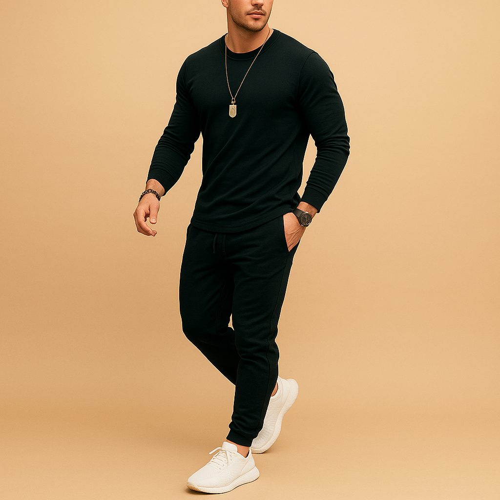 Trainingspak voor heren met moderne sweater en comfortabele joggingbroek, ideaal voor dagelijks gebruik, thuis of onderweg.
