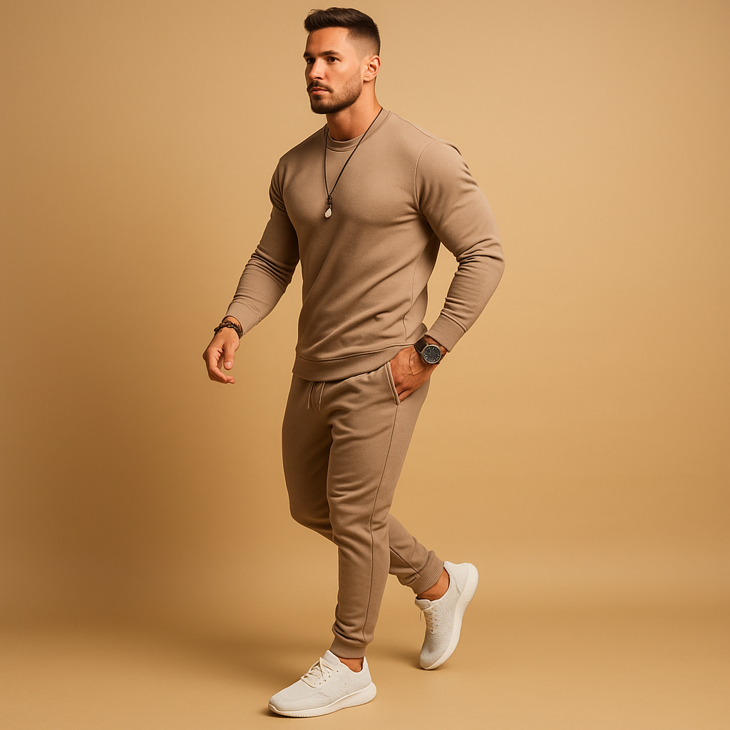 Trainingspak voor heren met moderne sweater en comfortabele joggingbroek, ideaal voor dagelijks gebruik, thuis of onderweg.