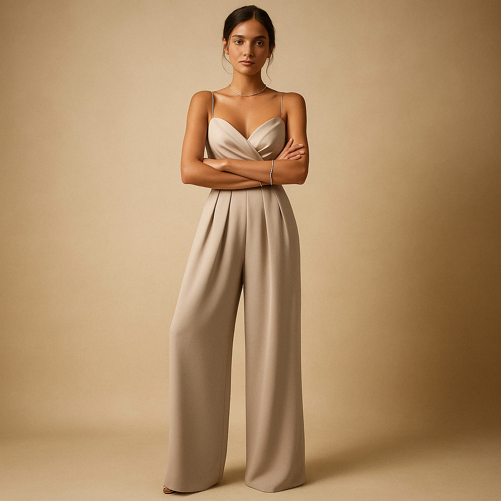 Dames zomer jumpsuit met verstelbare bandjes en lichte stof, perfect voor warme dagen en feestelijke gelegenheden.