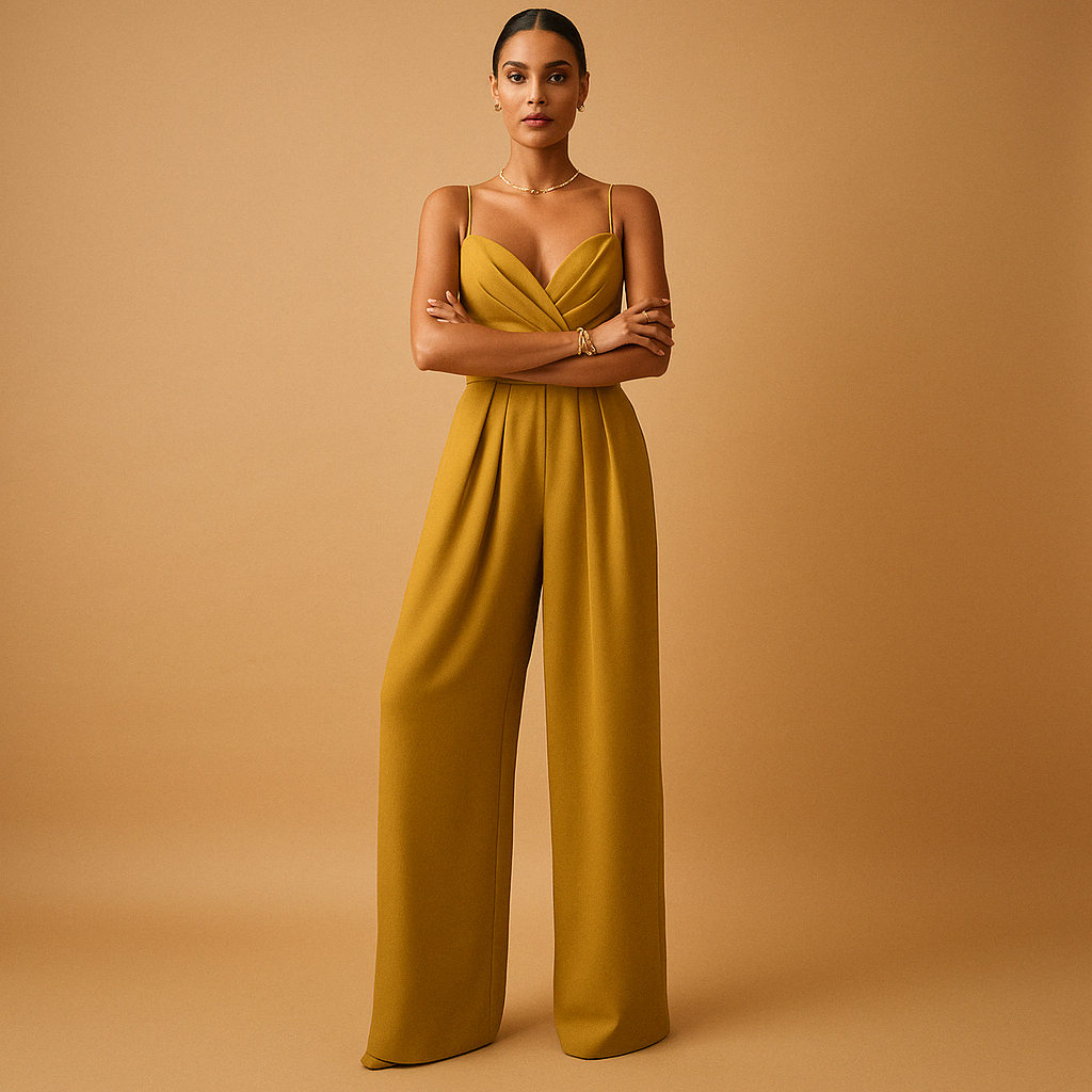 Dames zomer jumpsuit met verstelbare bandjes en lichte stof, perfect voor warme dagen en feestelijke gelegenheden.