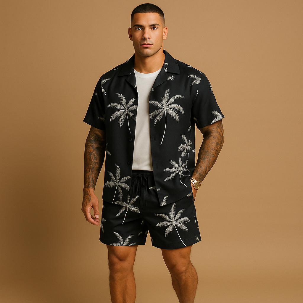 Zomerset voor heren met tropische palmbomen- en verenprint, perfect voor zonnige vakantiedagen en zomerse uitstapjes.