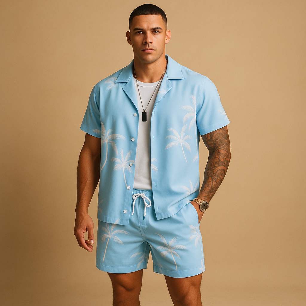 Zomerset voor heren met tropische palmbomen- en verenprint, perfect voor zonnige vakantiedagen en zomerse uitstapjes.