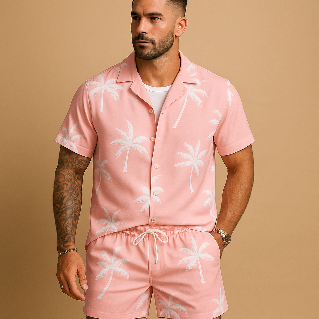 Zomerset voor heren met tropische palmbomen- en verenprint, perfect voor zonnige vakantiedagen en zomerse uitstapjes.