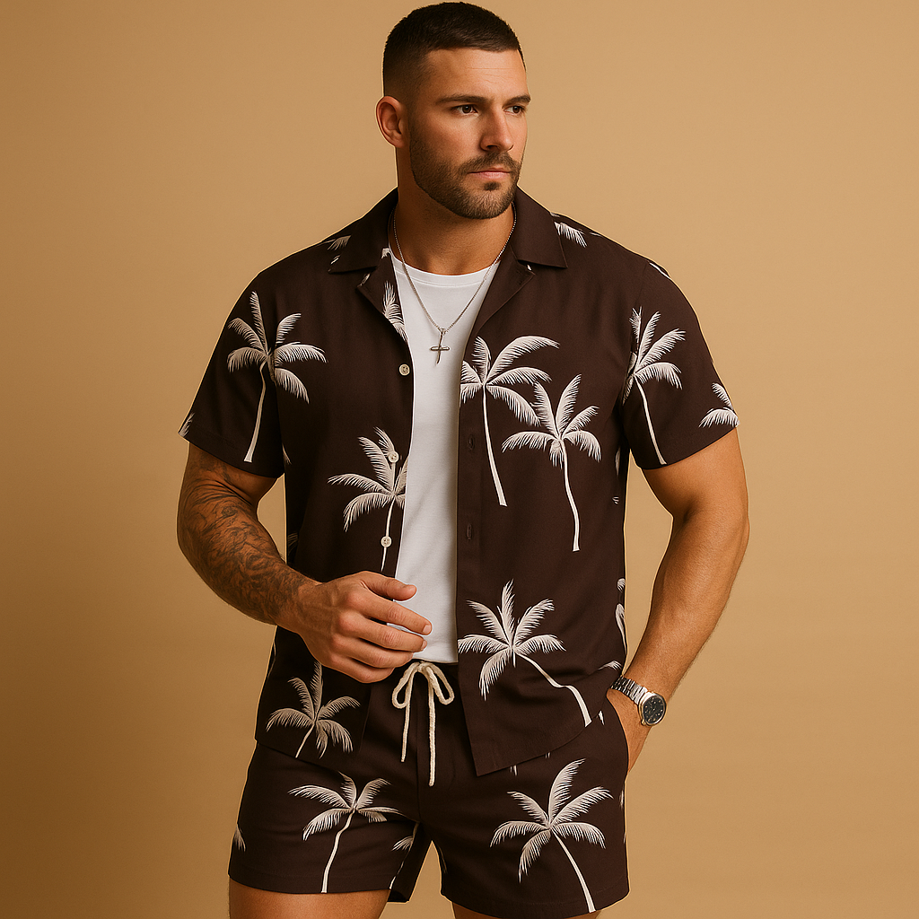 Zomerset voor heren met tropische palmbomen- en verenprint, perfect voor zonnige vakantiedagen en zomerse uitstapjes.