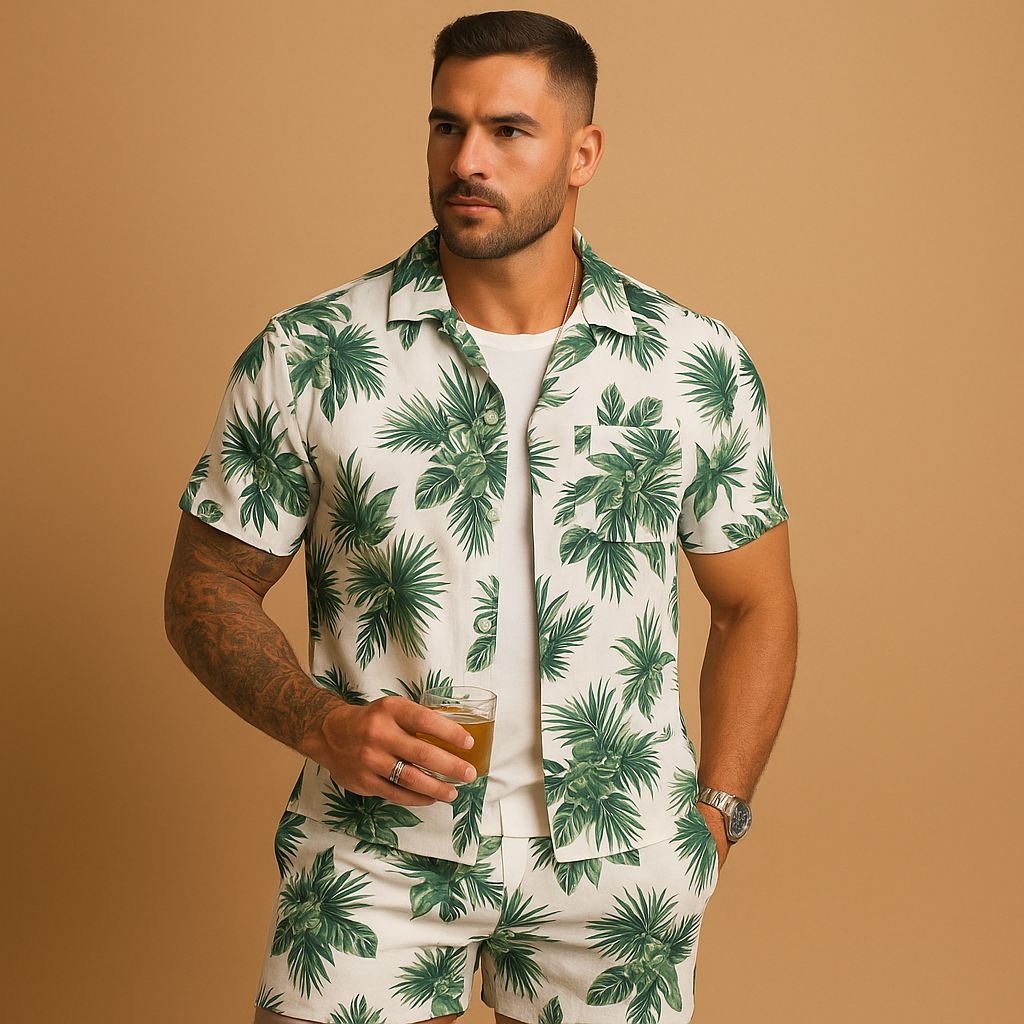 Zomerset voor heren met tropische palmbomen- en verenprint, perfect voor zonnige vakantiedagen en zomerse uitstapjes.
