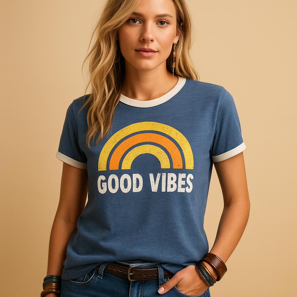 Zomers dames T-shirt met kleurrijke ‘Good Vibes’ print in losse pasvorm, ideaal voor casual dagen of een relaxte strandoutfit.