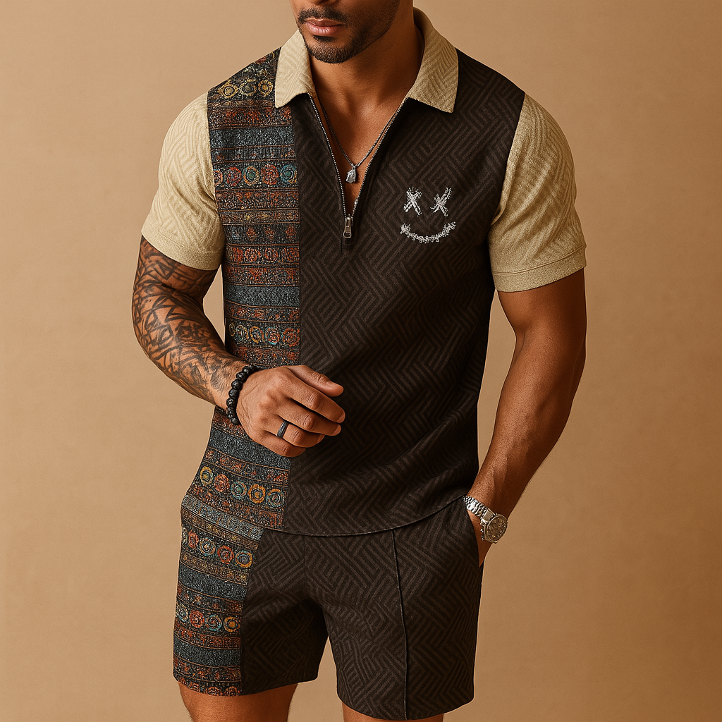 Heren zomerset met vintage polo met print en comfortabele korte broek, ideaal voor zomervakanties en informele gelegenheden.