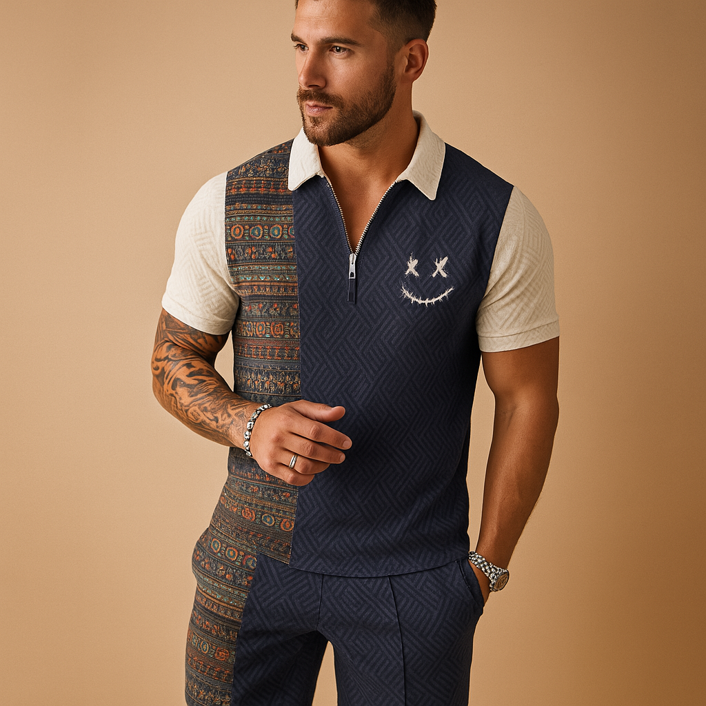 Heren zomerset met vintage polo met print en comfortabele korte broek, ideaal voor zomervakanties en informele gelegenheden.