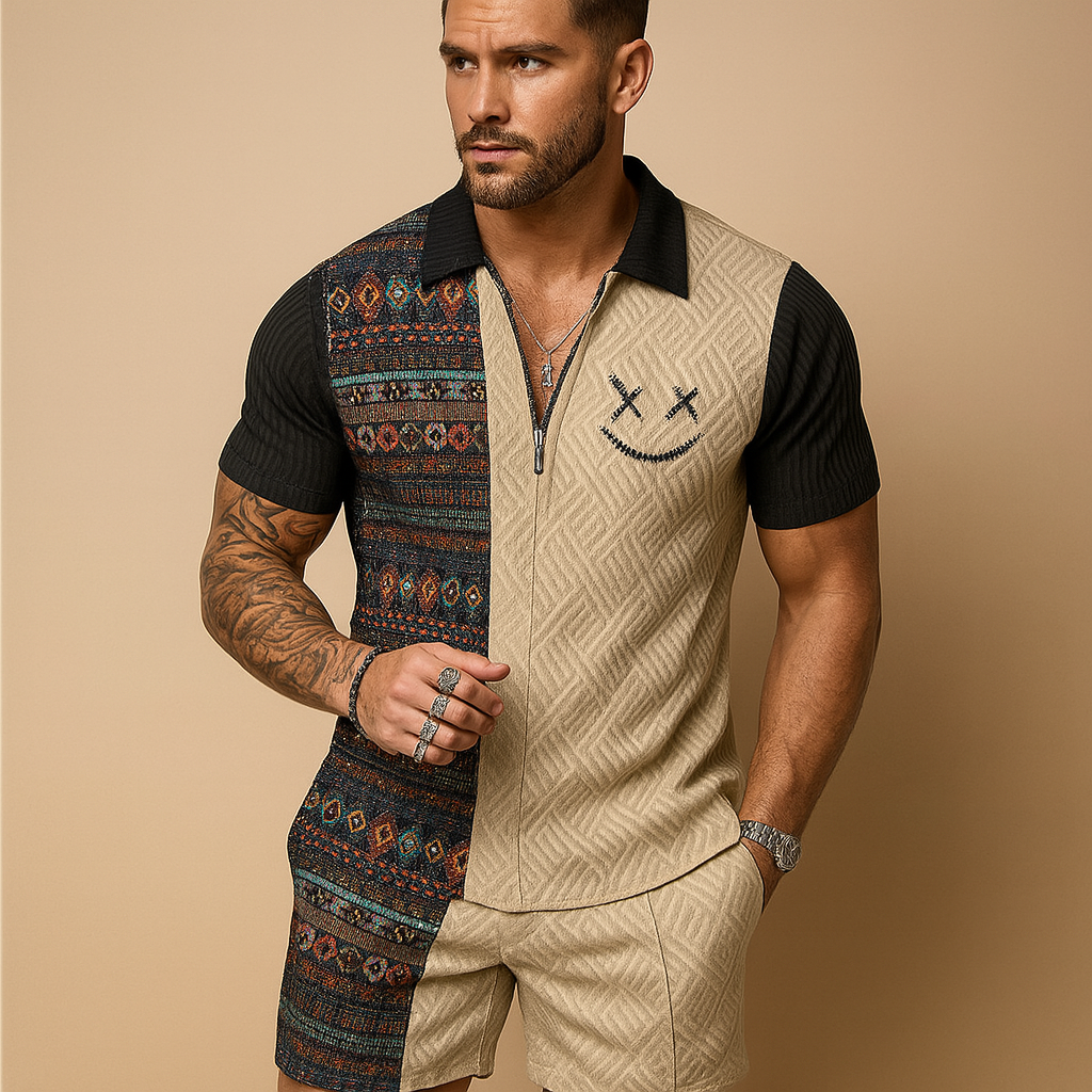 Heren zomerset met vintage polo met print en comfortabele korte broek, ideaal voor zomervakanties en informele gelegenheden.
