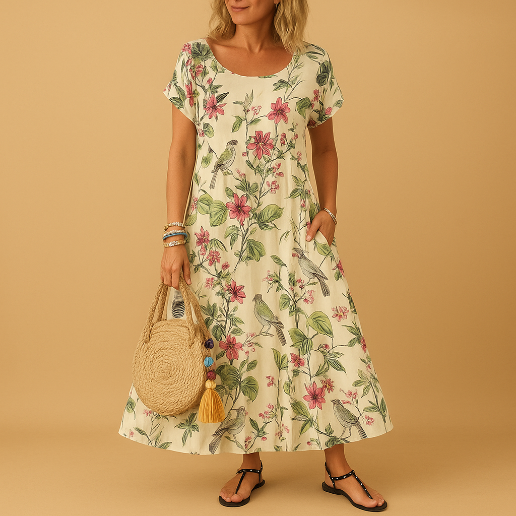 Dames zomerjurk met vintage bloemenprint, boothals en korte mouwen, luchtige pasvorm voor strand, stad en casual momenten.