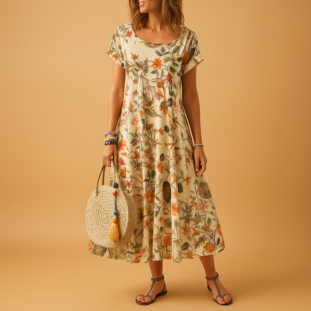 Dames zomerjurk met vintage bloemenprint, boothals en korte mouwen, luchtige pasvorm voor strand, stad en casual momenten.