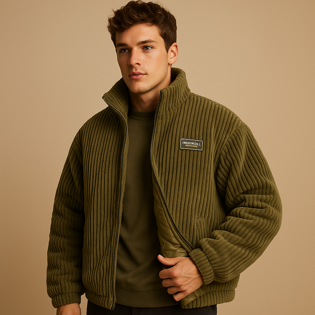 Heren corduroy jack met katoenen voering en comfortabele pasvorm, ideaal voor koude dagen en casual winteroutfits.