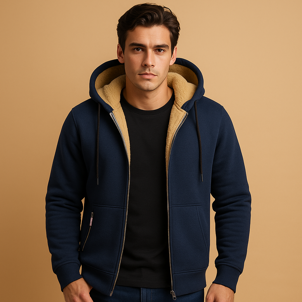 Warme hoodie met rits en capuchon voor heren, losse pasvorm en modern design, ideaal voor dagelijks gebruik en outdooractiviteiten.