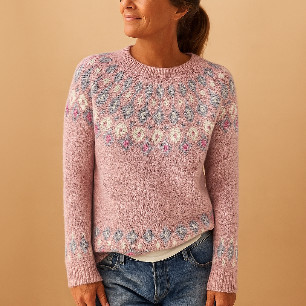 Wollen damestrui met unieke print en comfortabele pasvorm, geschikt voor casual en chique winterlooks.