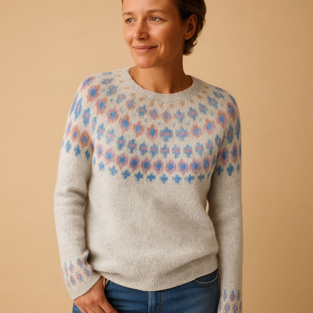 Wollen damestrui met unieke print en comfortabele pasvorm, geschikt voor casual en chique winterlooks.