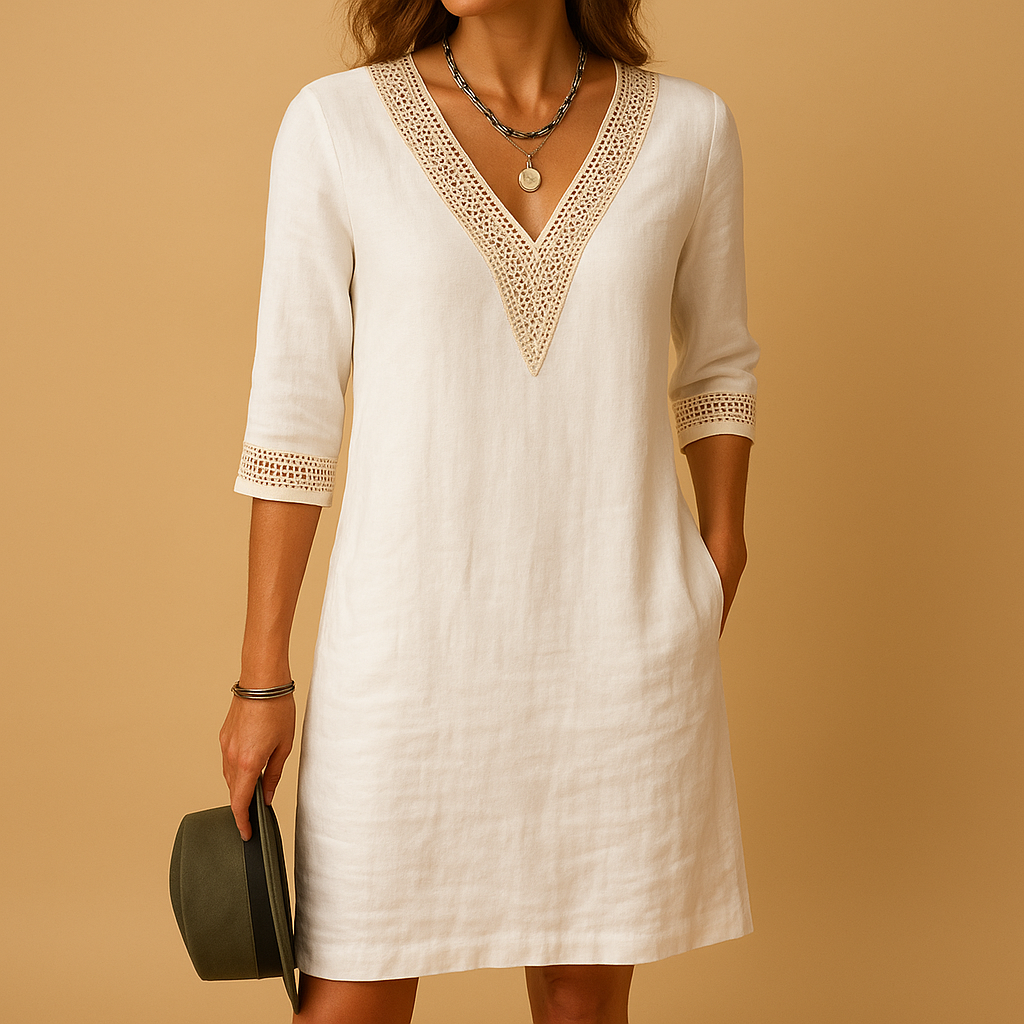 Lichte zomerjurk voor dames met V-hals en kanten details, perfect voor stranddagen en casual zomerlooks.