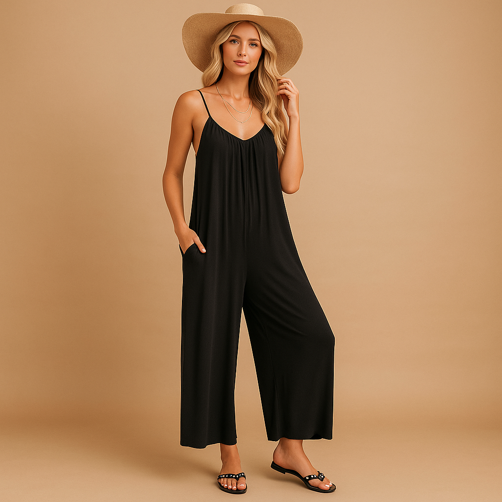 Zomerse dames jumpsuit met verstelbare bandjes, mouwloos en losvallend ontwerp, perfect voor vakantie, feestjes of een warme zomerdag.