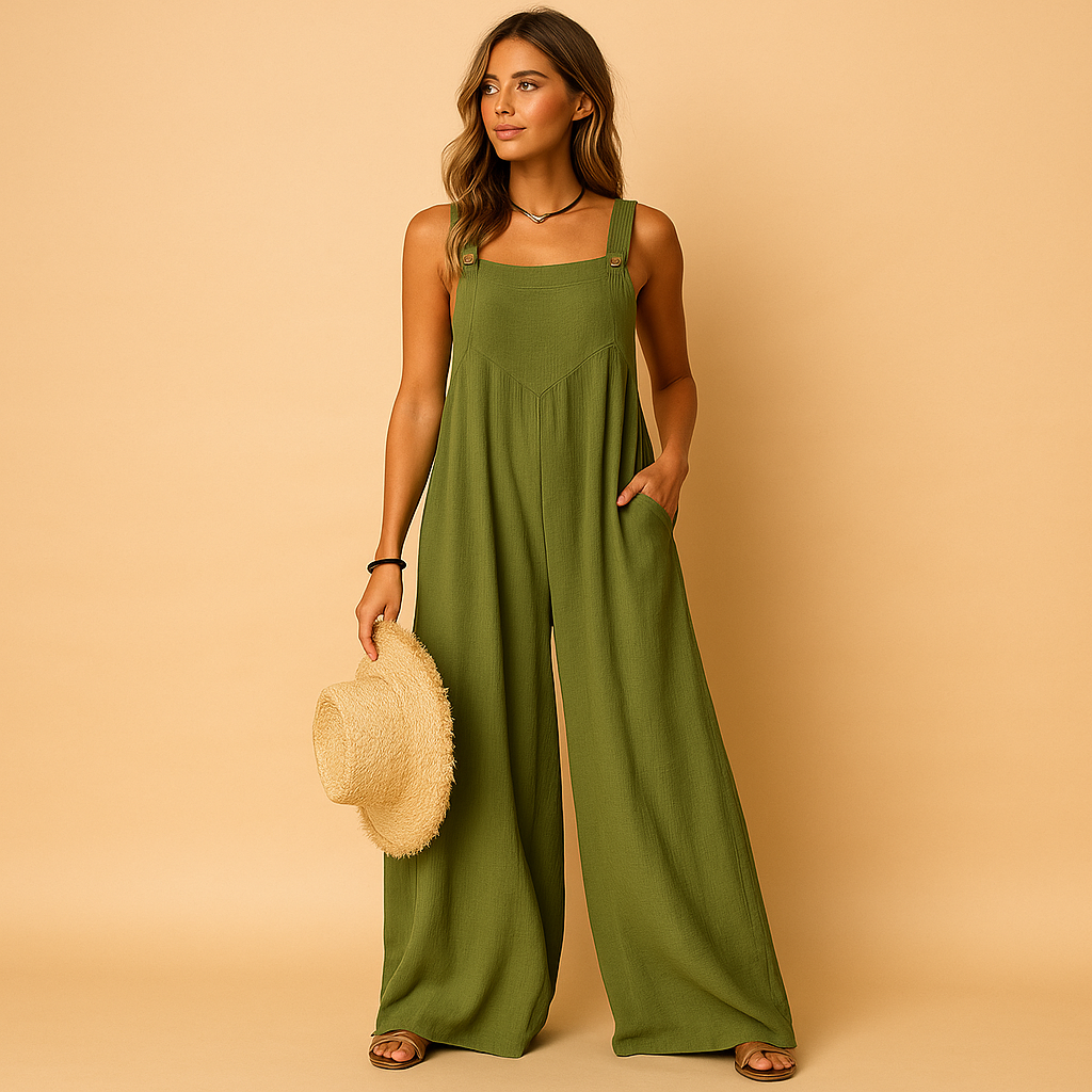 Zomerse damesjumpsuit met hoge taille, wijde pijpen en knoopsluiting, ideaal voor casual dagen en avondjes uit.