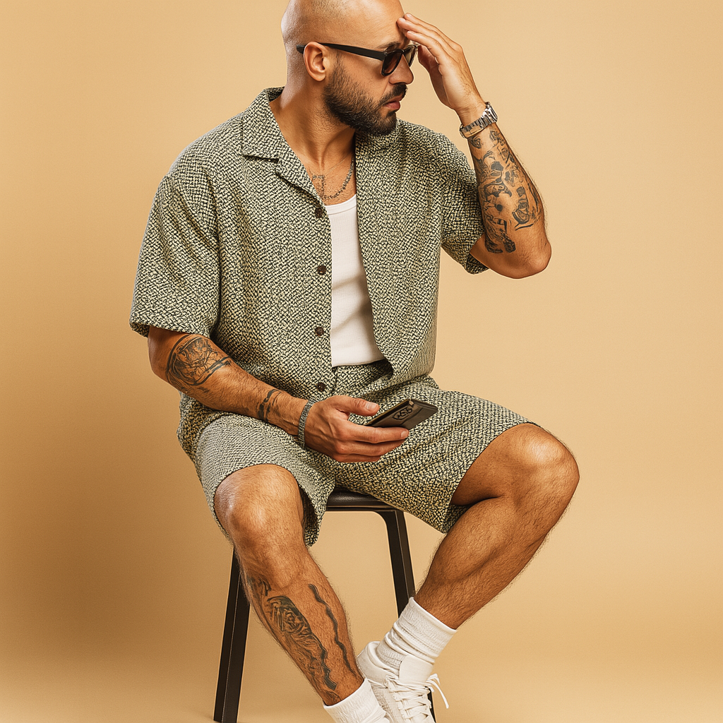 Heren zomerset met geometrisch overhemd en korte broek met elastische taille, ideaal voor ontspannen zomeractiviteiten.