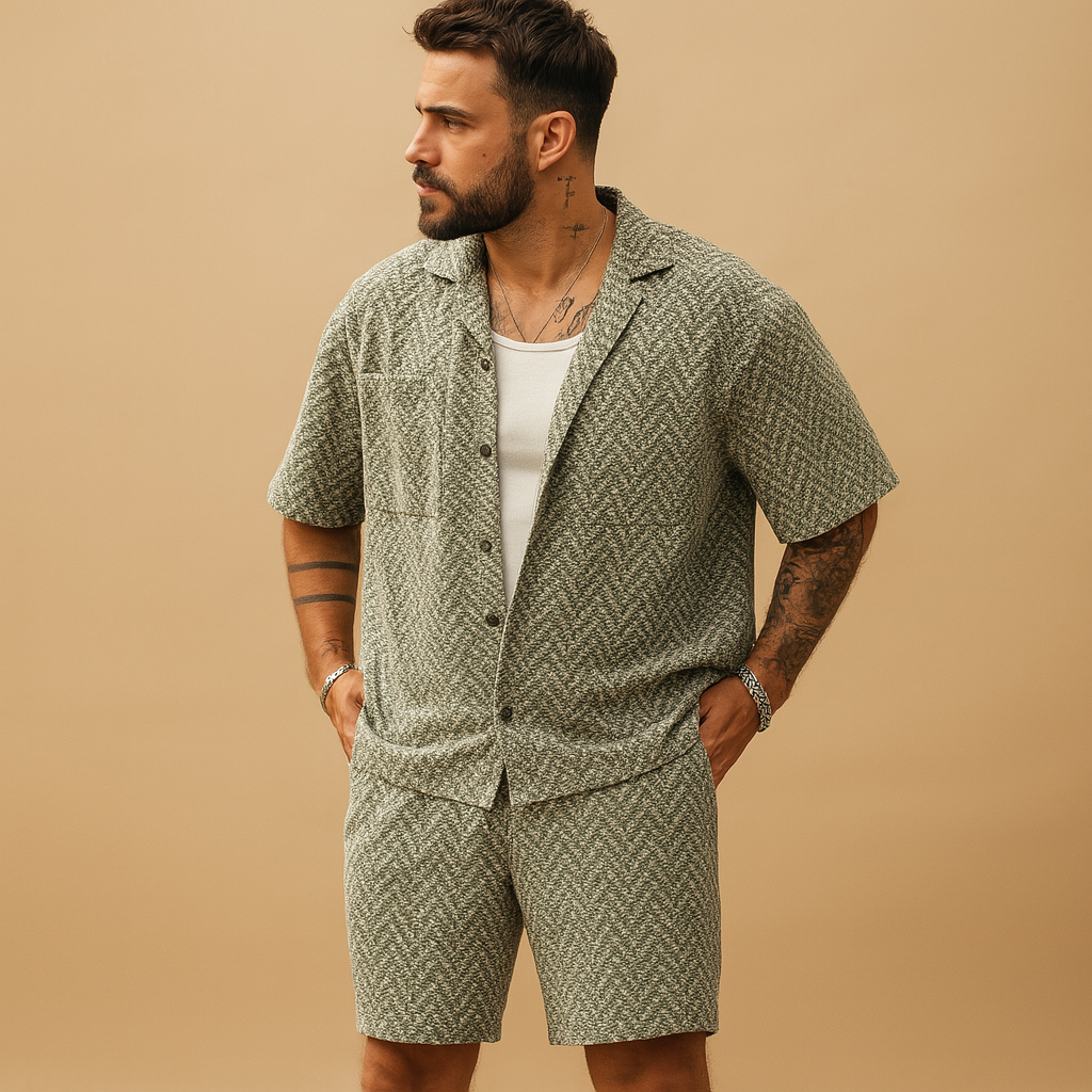 Heren zomerset met geometrisch overhemd en korte broek met elastische taille, ideaal voor ontspannen zomeractiviteiten.