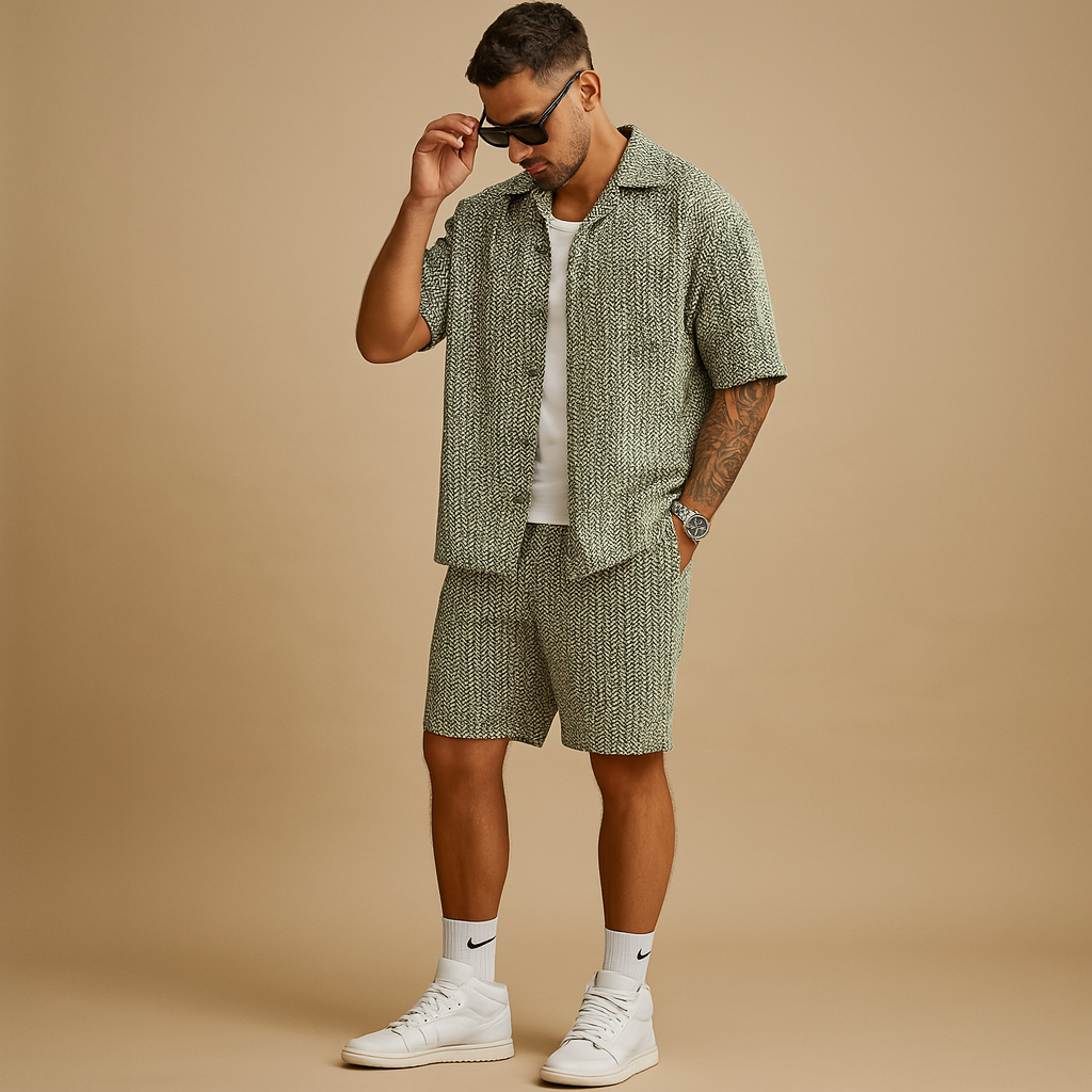 Heren zomerset met geometrisch overhemd en korte broek met elastische taille, ideaal voor ontspannen zomeractiviteiten.