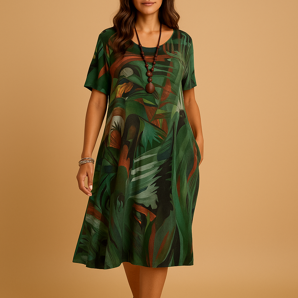 Artistieke damesjurk met handgeschilderd 3D-patroon en flatterende pasvorm, perfect voor creatieve gelegenheden en dagelijks gebruik