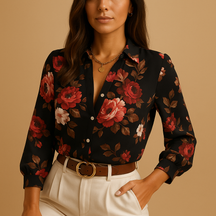 Stijlvolle damesblouse met opvallende kleurrijke print, ideaal voor zowel casual als formele outfits.