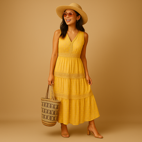 Luchtige boho zomerjurk met Ibiza-stijl voor dames, ideaal voor festivals, strand en zomerse dagen. Comfortabel en stijlvol ontwerp.