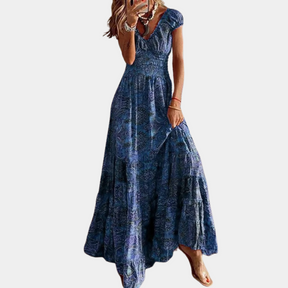 Marit | Comfortabele maxi-jurk met bloemenprint en rucheskraag voor dames