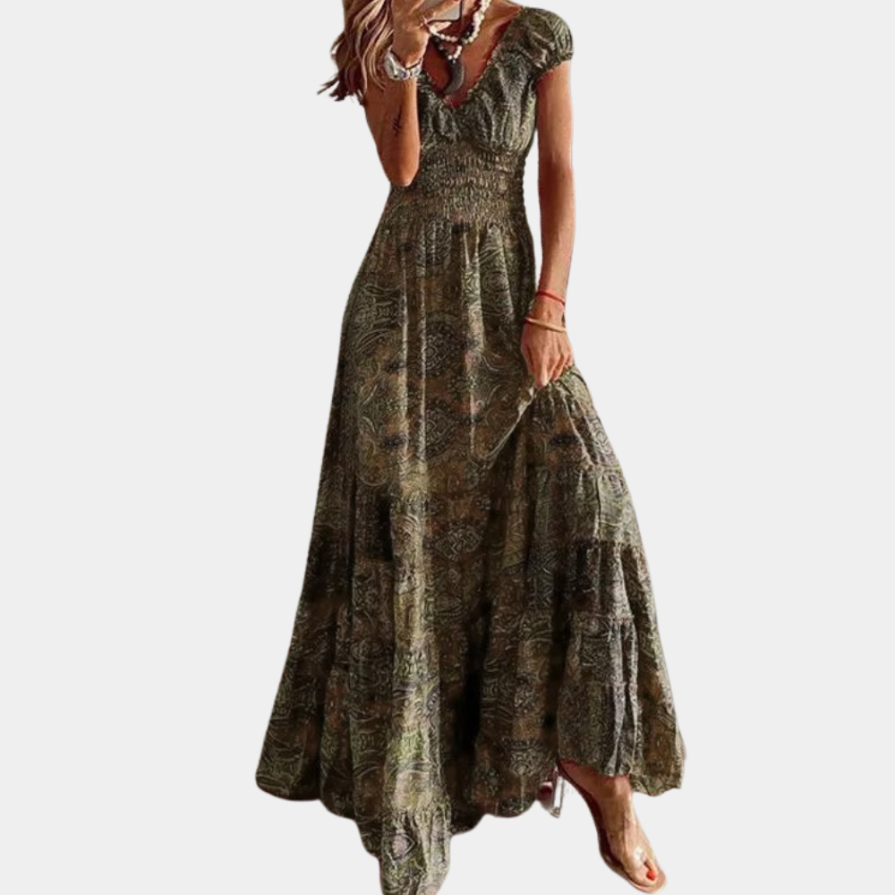 Marit | Comfortabele maxi-jurk met bloemenprint en rucheskraag voor dames