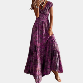 Marit | Comfortabele maxi-jurk met bloemenprint en rucheskraag voor dames