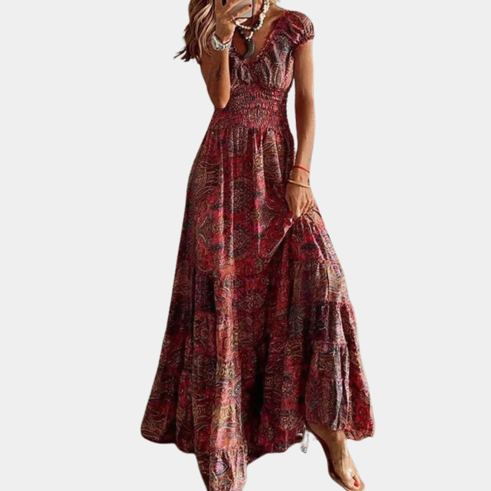 Marit | Comfortabele maxi-jurk met bloemenprint en rucheskraag voor dames