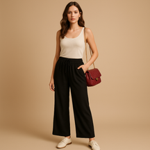 Luchtige damesbroek met elastische tailleband en losse pasvorm, geschikt voor zomerse casual of chique outfits.