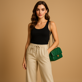 Luchtige damesbroek met elastische tailleband en losse pasvorm, geschikt voor zomerse casual of chique outfits.