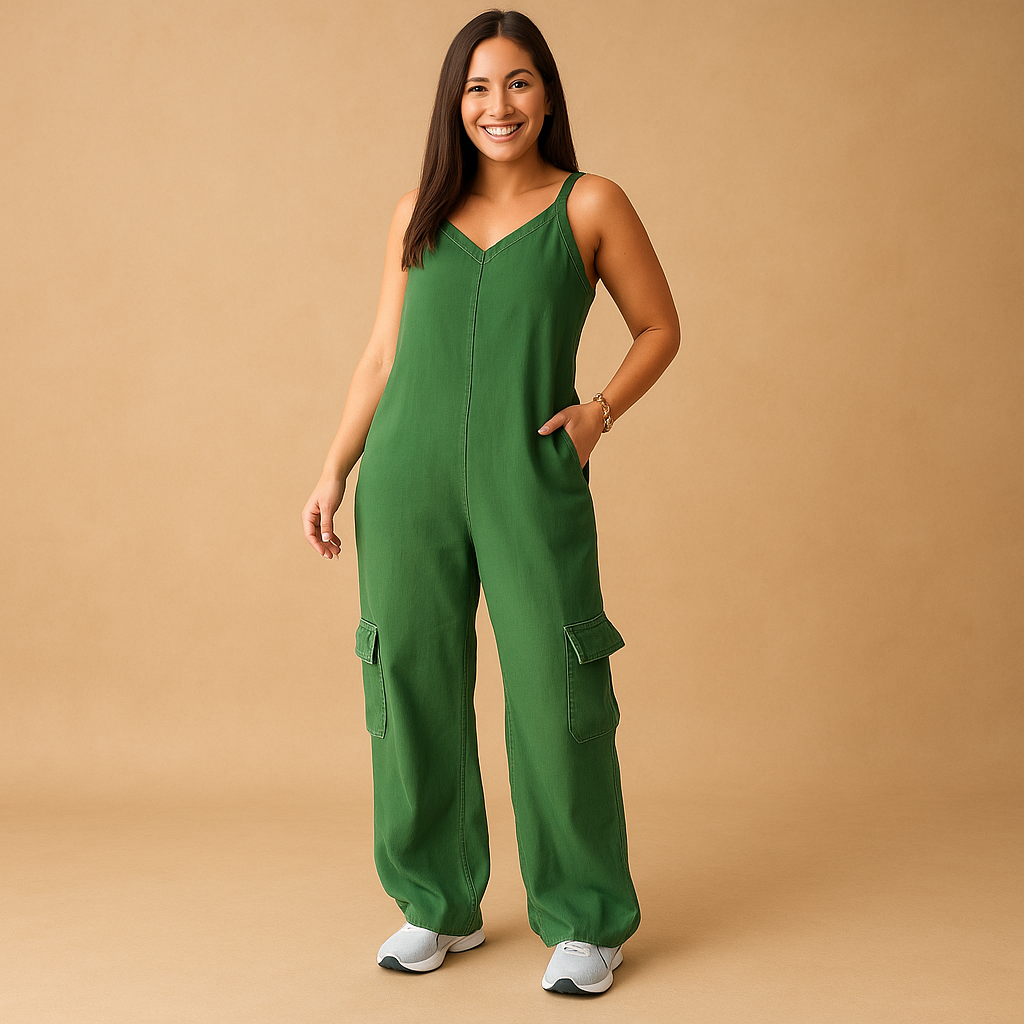 Stijlvolle denim jumpsuit voor dames met diepe V-hals, open rug en rechte pijpen – ideaal voor casual dagen of festivals.