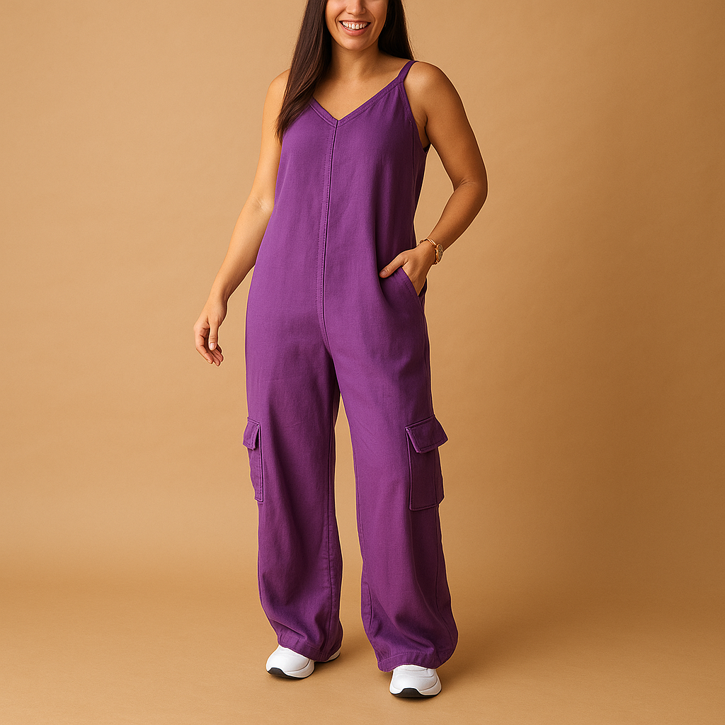 Stijlvolle denim jumpsuit voor dames met diepe V-hals, open rug en rechte pijpen – ideaal voor casual dagen of festivals.