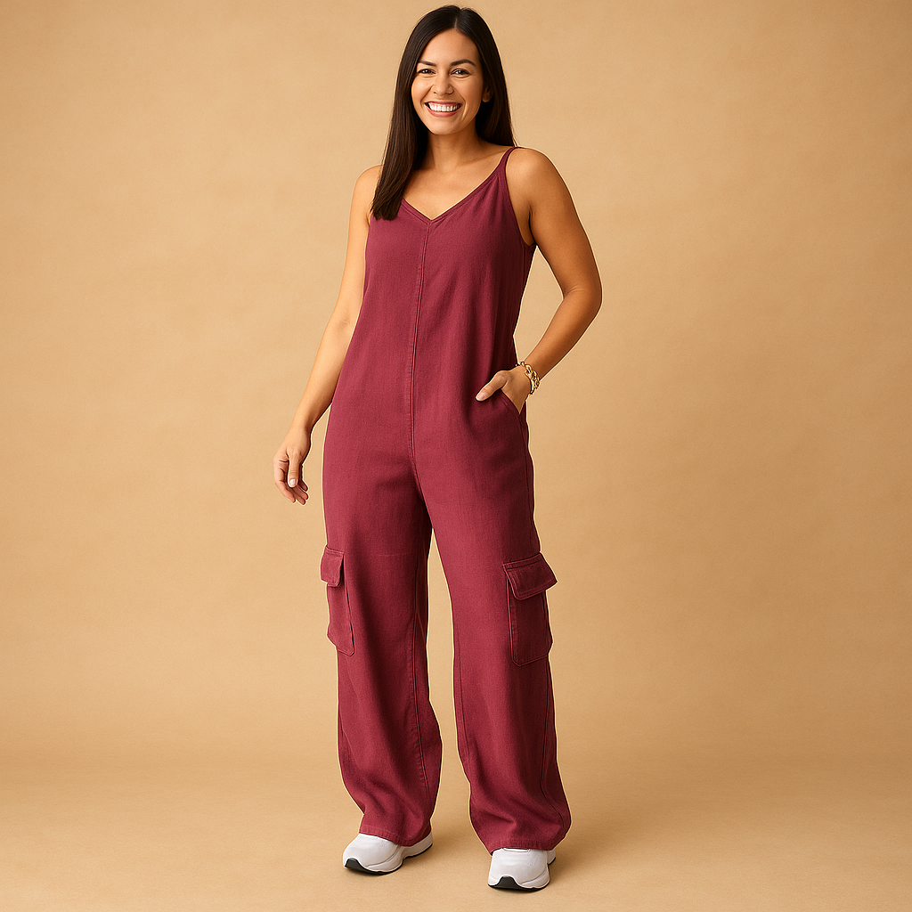 Stijlvolle denim jumpsuit voor dames met diepe V-hals, open rug en rechte pijpen – ideaal voor casual dagen of festivals.