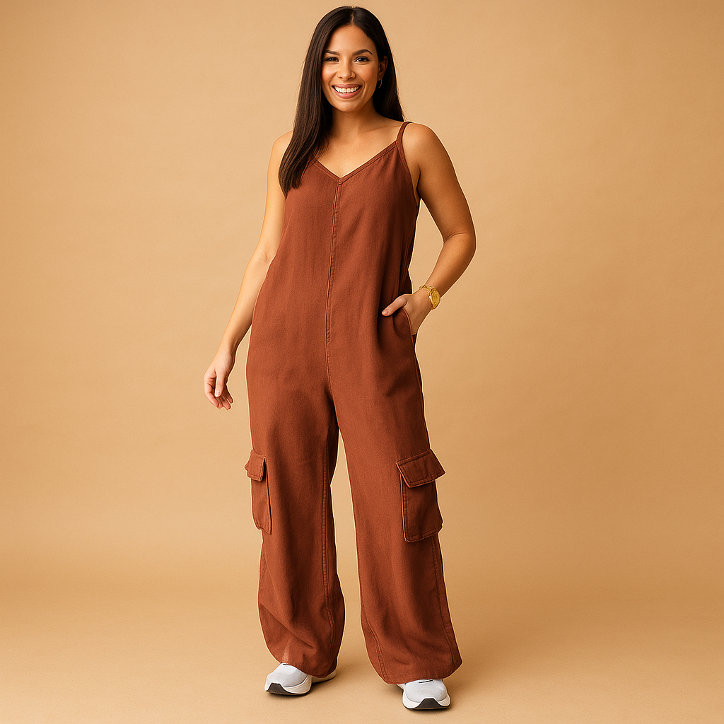 Stijlvolle denim jumpsuit voor dames met diepe V-hals, open rug en rechte pijpen – ideaal voor casual dagen of festivals.