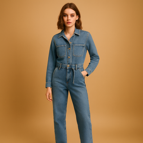 Comfortabele dames jumpsuit van denim met rechte pijpen en lange mouwen, ideaal voor dagelijks gebruik in elk seizoen.