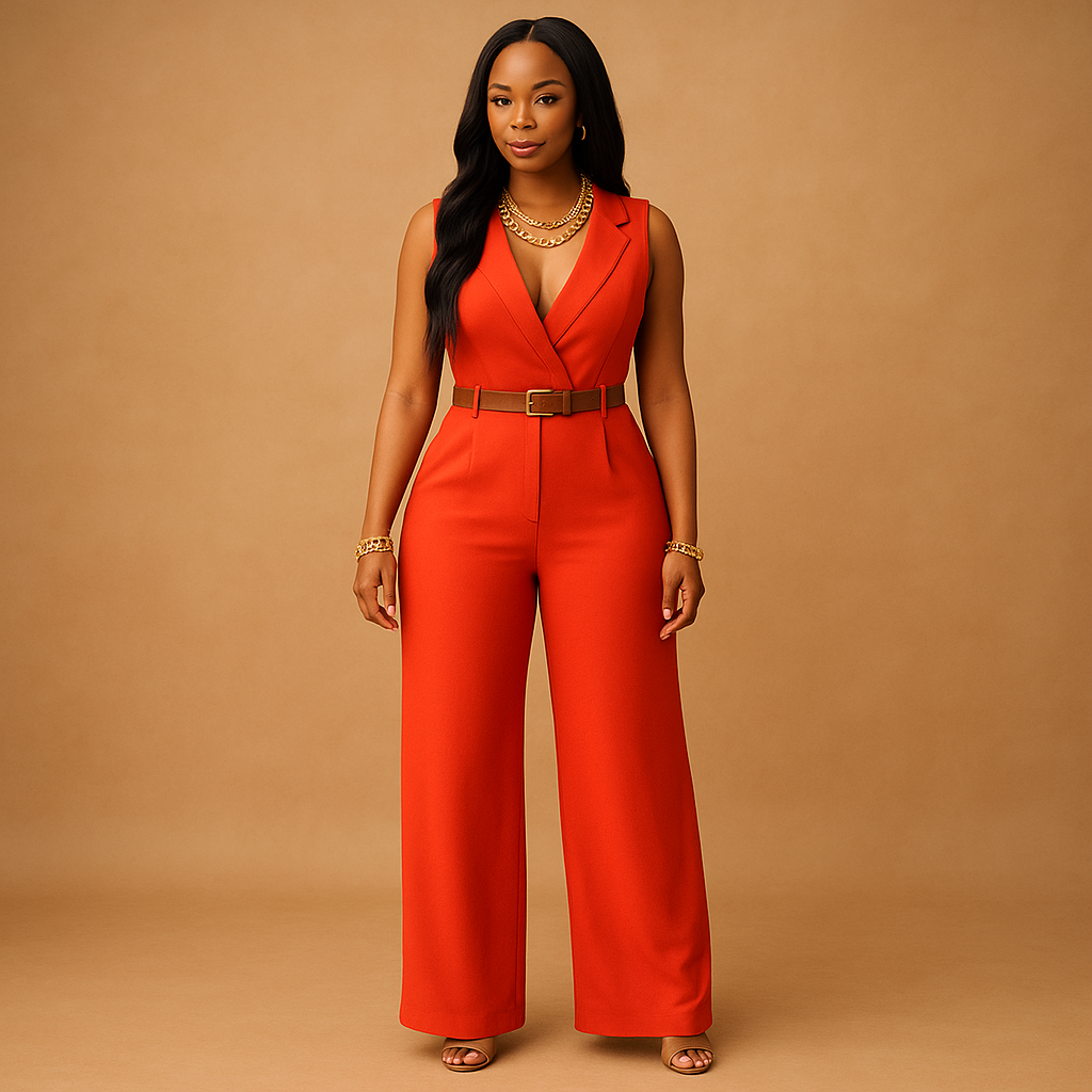 Stijlvolle dames jumpsuit met diepe V-hals en hoge taille, gemaakt van soepel en luxueus materiaal. Perfect voor feestjes en elegante avonden.