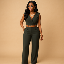 Stijlvolle dames jumpsuit met diepe V-hals en hoge taille, gemaakt van soepel en luxueus materiaal. Perfect voor feestjes en elegante avonden.