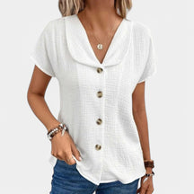 Dames blouse van katoen-linnen mix met knoopsluiting en kraag, perfect voor casual en semi-formele outfits in wit, blauw en roze