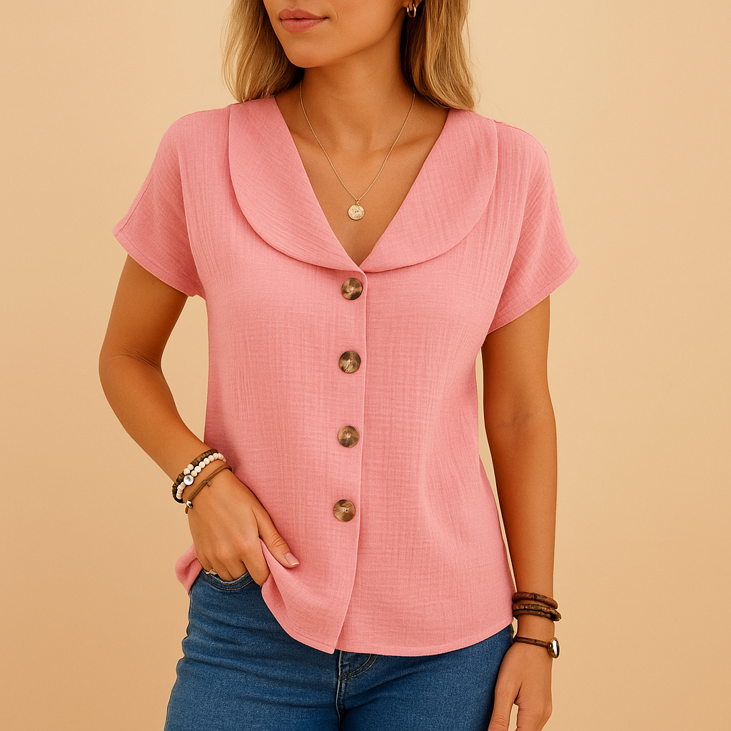 Elegante damesblouse met klassieke kraag, knoopsluiting en ademende pasvorm, ideaal voor werk of casual outfits.